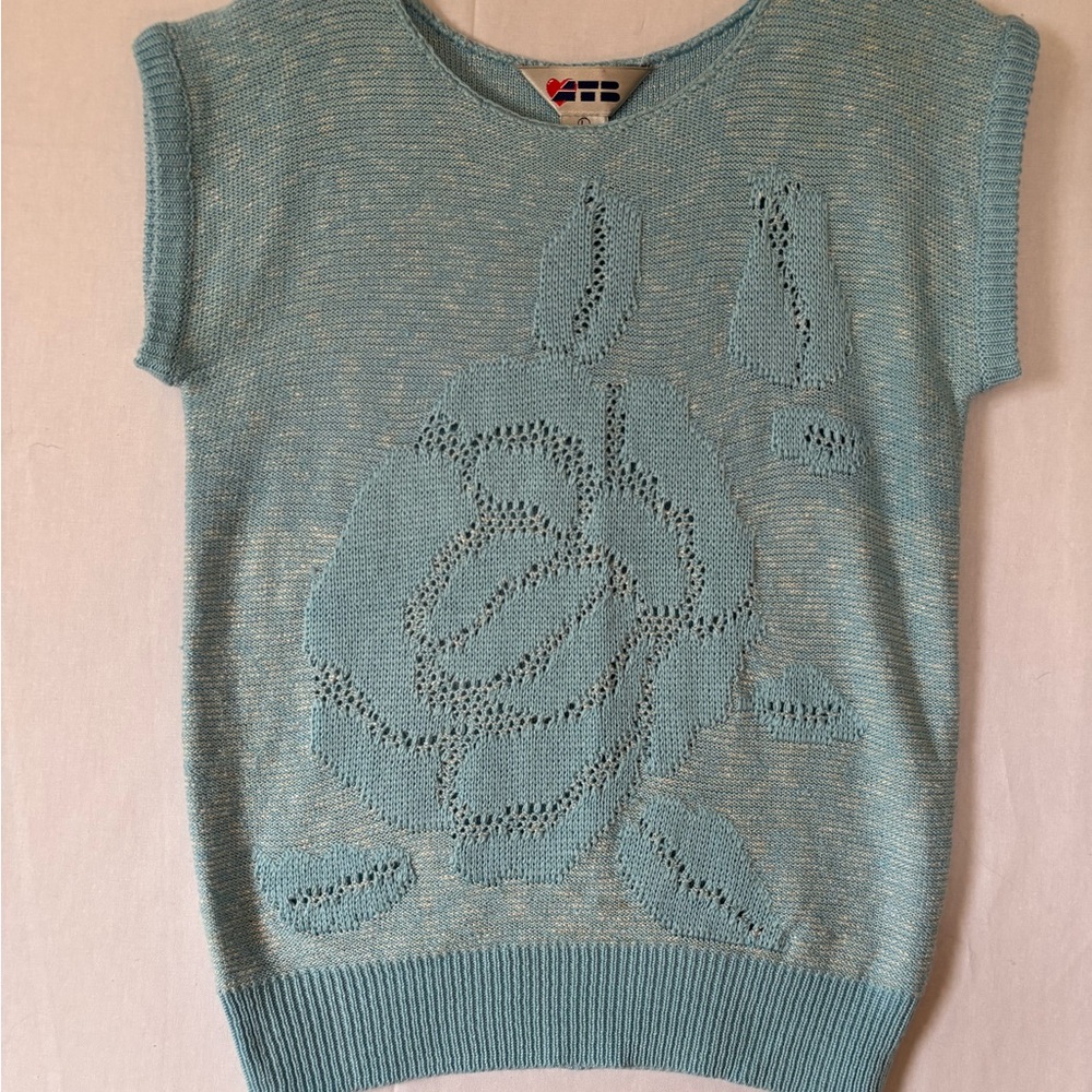 Vintage Baby Blue Short Sleeve Knit Top Sweater with Floral Design